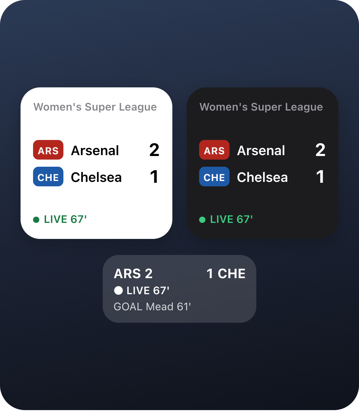 Home Screen and Lock Screen widgets showing upcoming and live matches.